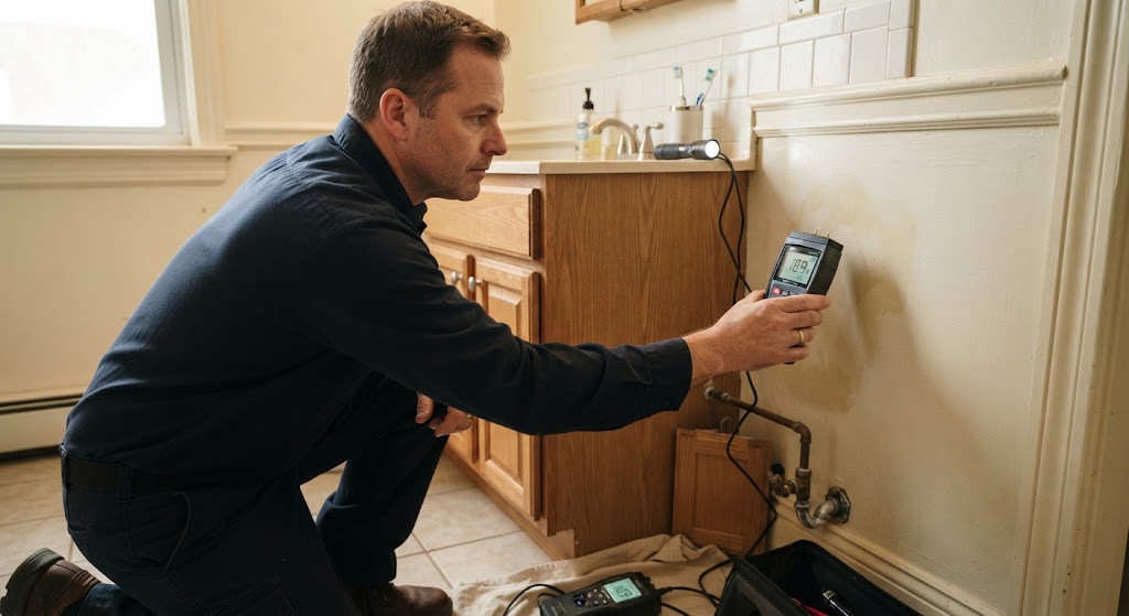 technician using moisture detection equipment to locate a hidden water leak in Paterson