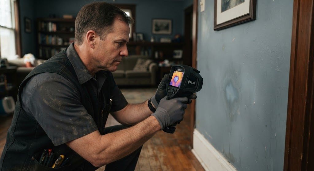 technician testing drywall for hidden moisture using a digital meter